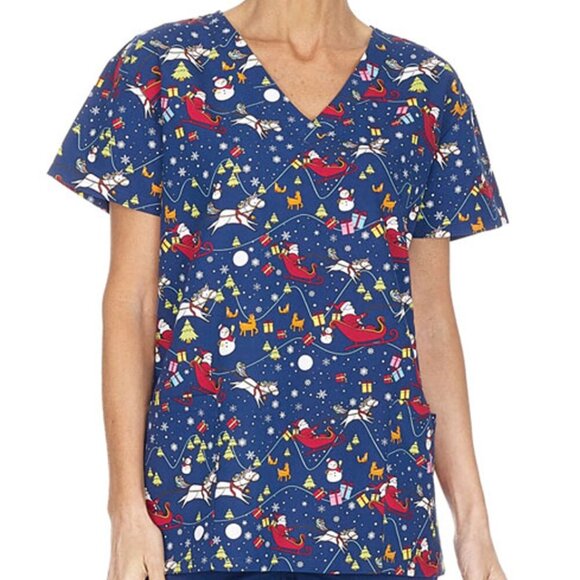 Serene Women's Christmas Santa Holiday Print Scrub Top Women's Size Medium in pr - Picture 1 of 9